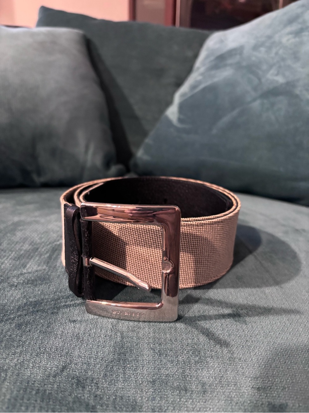 Burberry Beige Canvas Belt with Silver Buckle black leather lined size 40